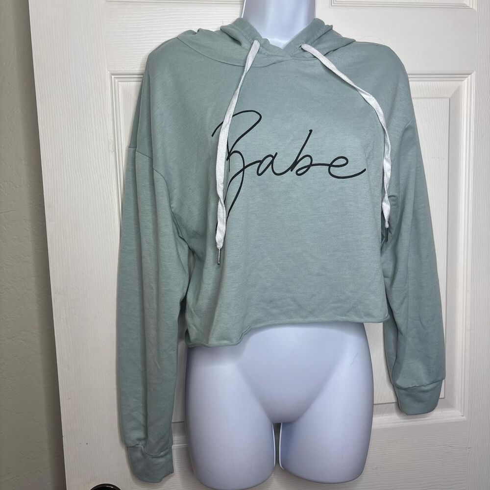 Shein Medium Babe Cropped Hoodie Sage Green Script Pullover
